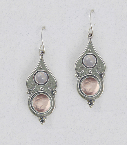 Sterling Silver Gothic Look With Rose Quartz Gemstone Drop Dangle Earrings